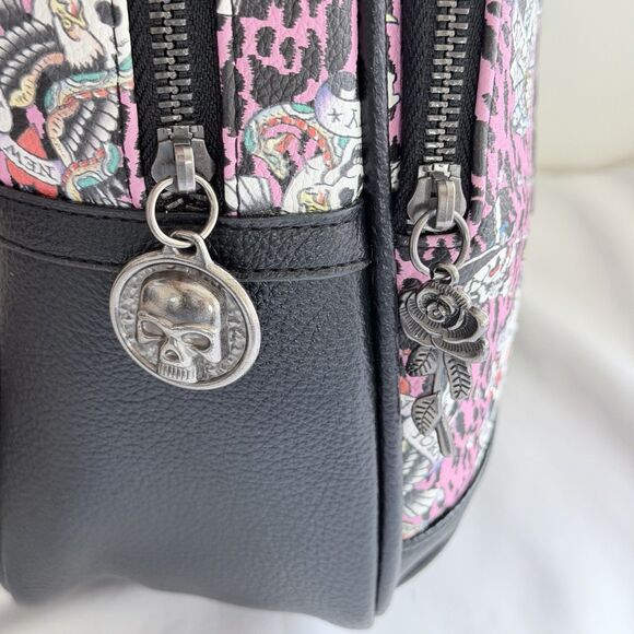 Ed Hardy Adjustable Pink Leopard Print Traditional Skulls  Backpack Purse NWT